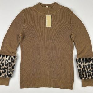 Michael Kors Dark Camel Sweater with Leopard Cuffs sz L NWT